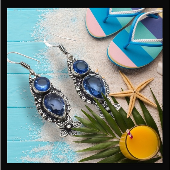 Blue Topaz Handcrafted Long Drop Dangle Earrings 2.08" Made In India New W Tags - Picture 6 of 12